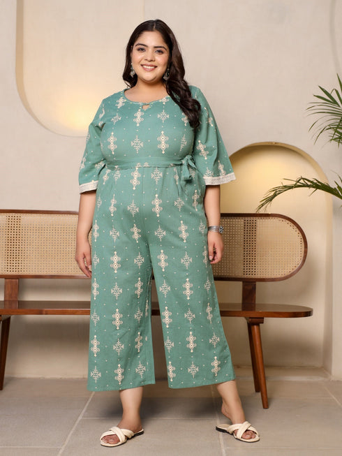 Jashvi Sage Green Geometric Printed Cotton Flex Jumpsuit With Zip Closure